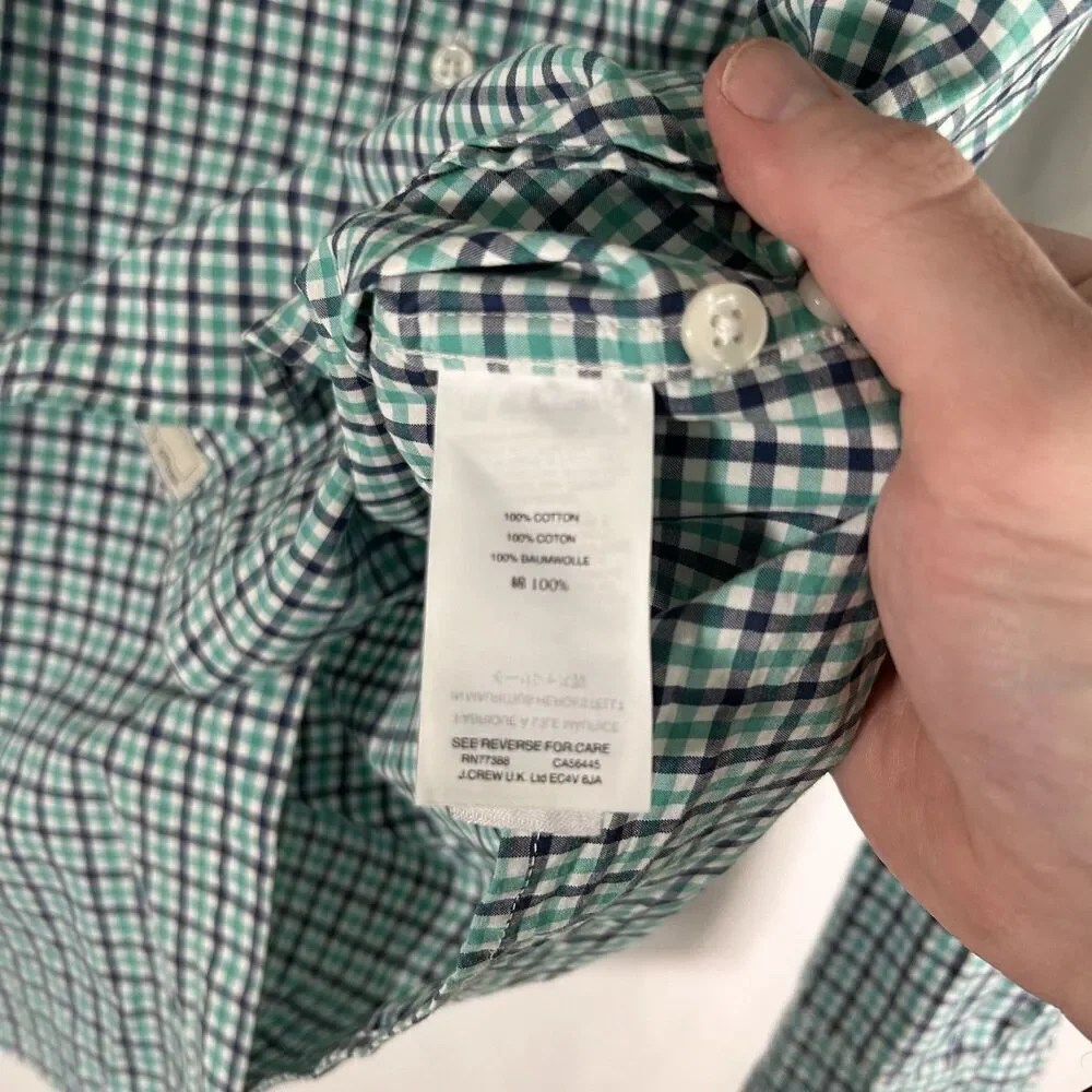 J. Crew Dress Shirt Men's Small Green Plaid 100% Cotton Shirting Slim Fit Long S